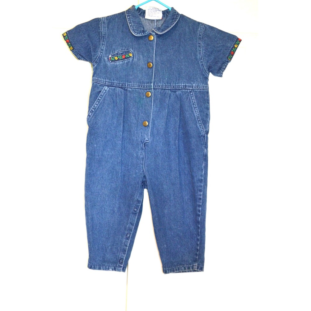 Vintage Pattiwack Blue Jean‎ Denim Coverall Snap Legs Girls Size 18M Flower Trim
